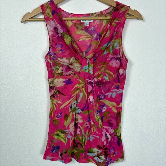 Vintage Sweet Pea NY&C Size: S Y2K Mesh Hot Pink Tropical Floral Tank Top - Picture 2 of 9